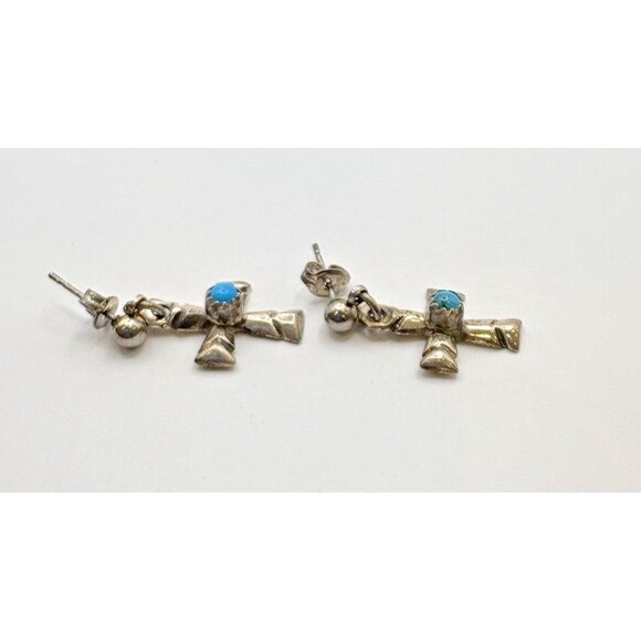 Vintage Sterling Silver Native American Turquoise Cross Earrings Not Polished - Picture 5 of 9